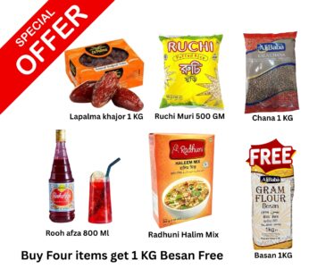 Buy Four items get 1 KG Besan Free. Lapalma khajor 1 KG, Ruchi Muri 500 GM, Chana 1 KG, Rooh afza 8, Radhuni Halim Mix